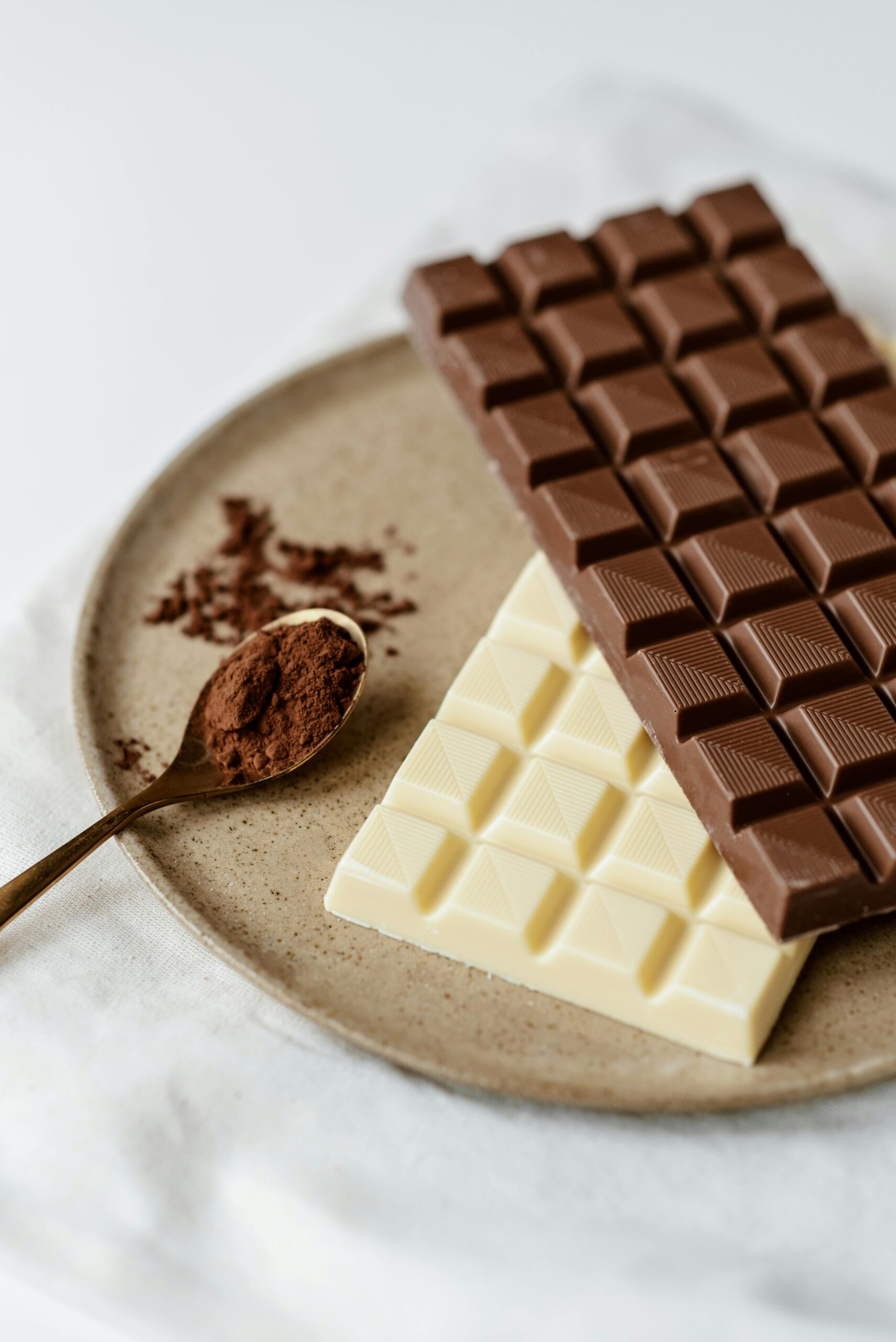A delicious assortment of milk and white chocolate bars with cocoa powder on a plate. Perfect for confectionery enthusiasts.